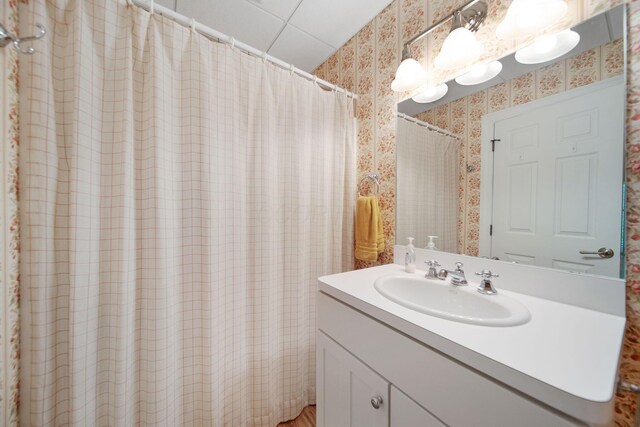 7326 State Route 19 Unit 3, Lots 1-2, Mount Gilead, OH 43338 - bathroom featuring wallpapered walls, vanity, and curtained shower
