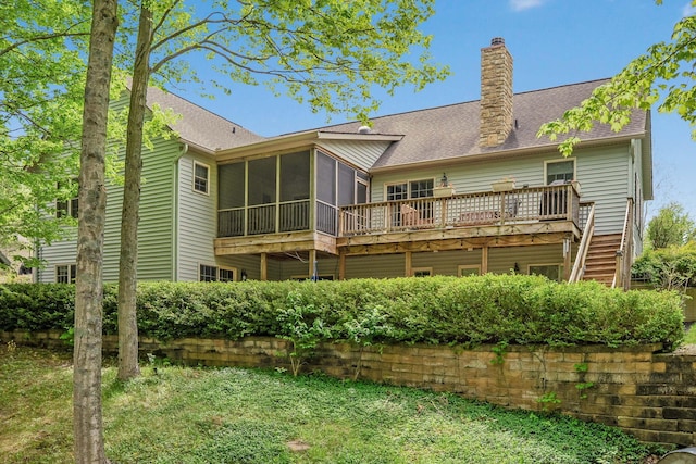 7326 State Route 19 Unit 3, Lots 1-2, Mount Gilead, OH 43338 - rear view of property featuring a sunroom, a wooden deck, a chimney, roof with shingles, and a lawn