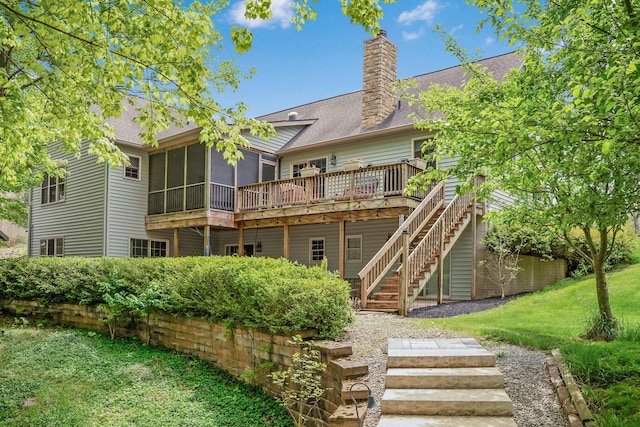 7326 State Route 19 Unit 3, Lots 1-2, Mount Gilead, OH 43338 - back of house with a sunroom, stairs, a deck, a chimney, and a shingled roof