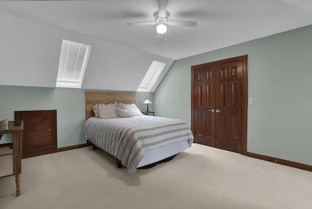 7832 Windsor Ave NW, Canal Winchester, OH 43110 - carpeted bedroom featuring a skylight, lofted ceiling, baseboards, and ceiling fan