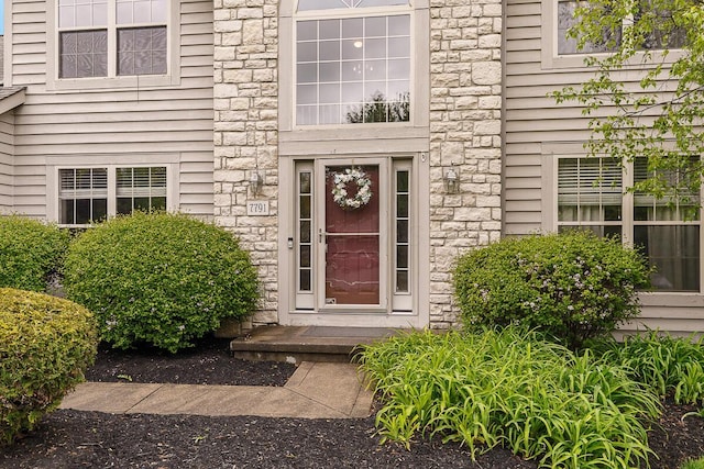 doorway to property with stone siding
