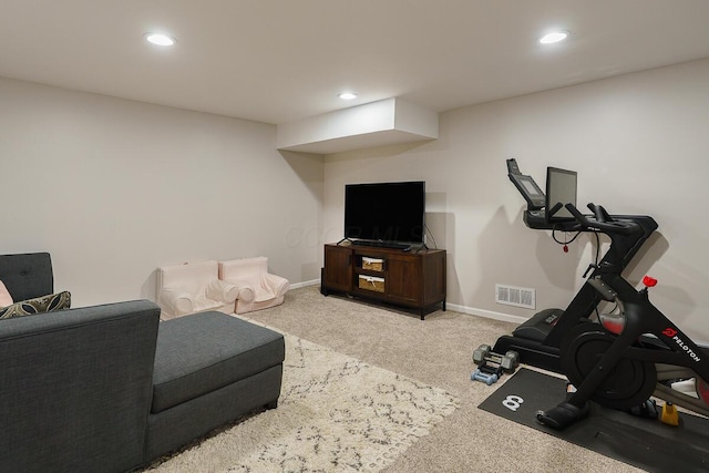 workout area with carpet flooring, recessed lighting, and baseboards