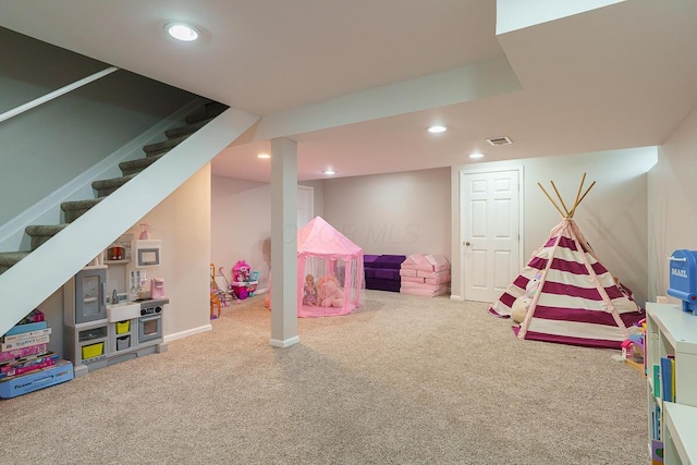 game room featuring carpet and recessed lighting
