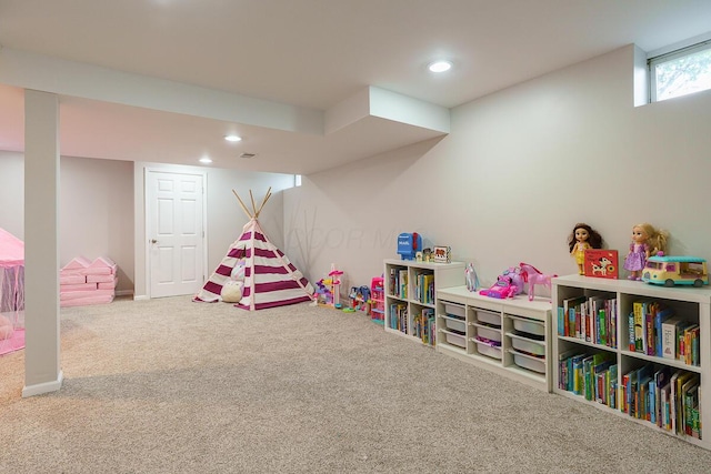 game room with carpet and recessed lighting