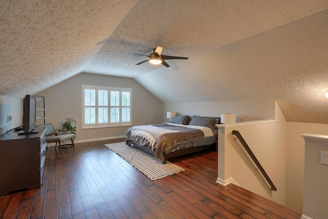 4115 Aumbrey Ct, New Albany, OH 43054 - bedroom with a ceiling fan, lofted ceiling, baseboards, a textured ceiling, and dark wood finished floors