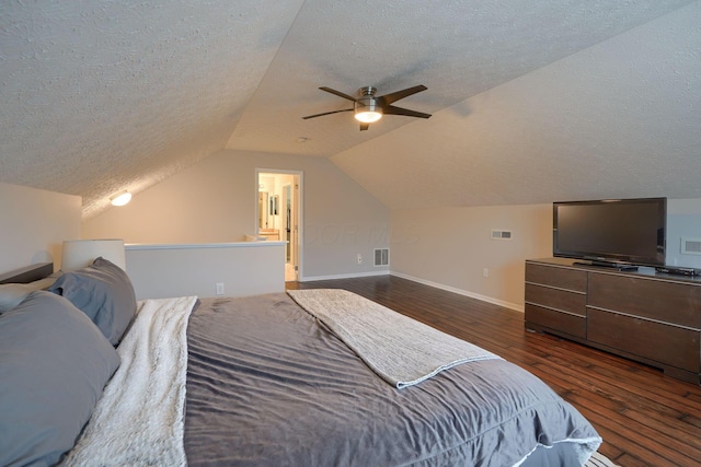 4115 Aumbrey Ct, New Albany, OH 43054 - bedroom with a textured ceiling, dark wood-style floors, baseboards, lofted ceiling, and ceiling fan