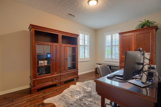 4115 Aumbrey Ct, New Albany, OH 43054 - home office with baseboards, dark wood-style floors, and a textured ceiling