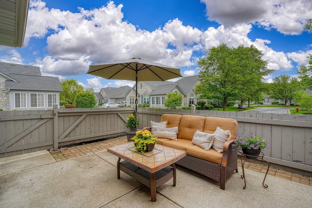 4115 Aumbrey Ct, New Albany, OH 43054 - view of patio with an outdoor hangout area, a gate, a fenced backyard, and a residential view
