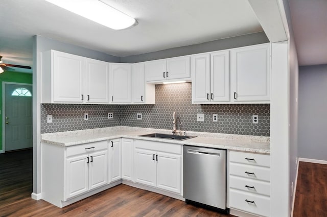 820 N Walnut St, Baltimore, OH 43105 - kitchen featuring stainless steel dishwasher, a sink, dark wood-style flooring, and white cabinets