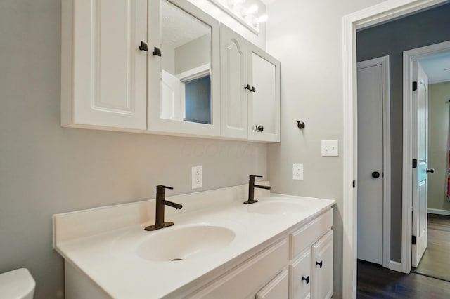 820 N Walnut St, Baltimore, OH 43105 - bathroom featuring double vanity, toilet, and wood finished floors