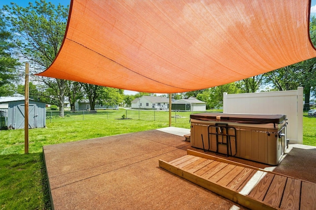 820 N Walnut St, Baltimore, OH 43105 - view of patio with a hot tub, a storage shed, and an outdoor structure