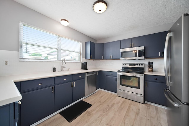 kitchen featuring stainless steel appliances, blue cabinets, light wood finished floors, a sink, and backsplash