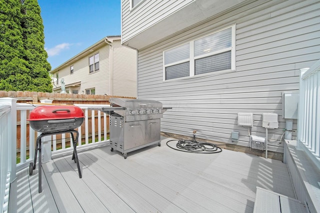 deck with a grill and fence