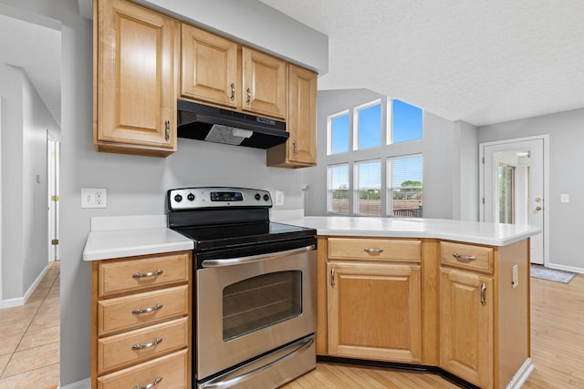 1980 Maxwell Ave, Lewis Center, OH 43035 - kitchen featuring stainless steel range with electric stovetop, under cabinet range hood, a peninsula, light countertops, and baseboards