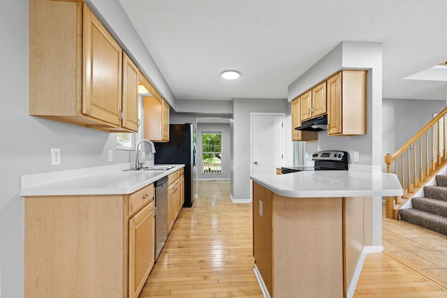 1980 Maxwell Ave, Lewis Center, OH 43035 - kitchen with appliances with stainless steel finishes, under cabinet range hood, a sink, light wood finished floors, and a textured ceiling