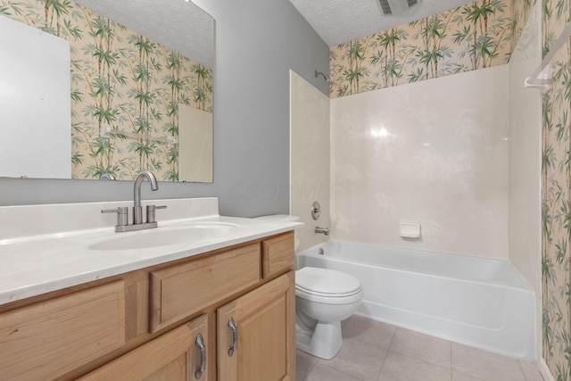 1980 Maxwell Ave, Lewis Center, OH 43035 - bathroom featuring wallpapered walls, toilet, a textured ceiling, vanity, and tile patterned floors