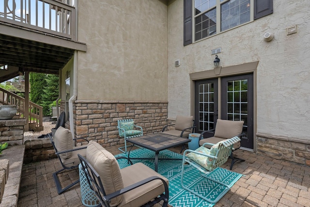 6755 Arbor View Ct, Powell, OH 43065 - view of patio / terrace featuring stairway, french doors, and outdoor lounge area