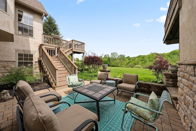 6755 Arbor View Ct, Powell, OH 43065 - view of patio with stairs, an outdoor hangout area, and a wooden deck
