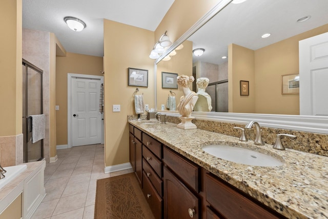 6755 Arbor View Ct, Powell, OH 43065 - full bathroom featuring a shower stall, tile patterned floors, double vanity, and a garden tub