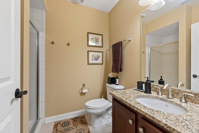 6755 Arbor View Ct, Powell, OH 43065 - bathroom with toilet, tiled shower, tile patterned flooring, vanity, and baseboards