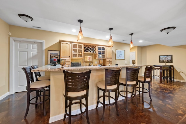 6755 Arbor View Ct, Powell, OH 43065 - indoor wet bar with concrete floors, baseboards, recessed lighting, and hanging light fixtures
