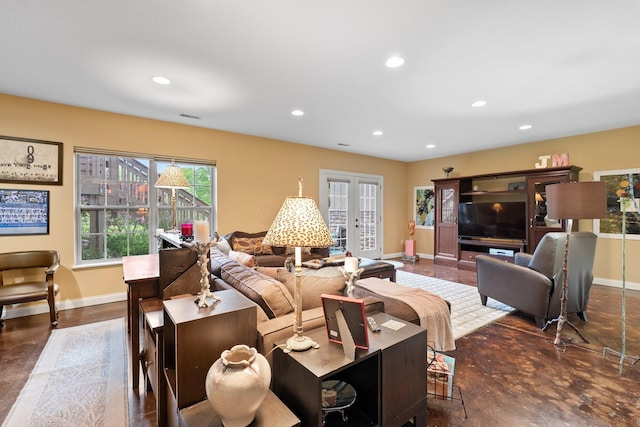 6755 Arbor View Ct, Powell, OH 43065 - living area with baseboards, recessed lighting, finished concrete flooring, and french doors