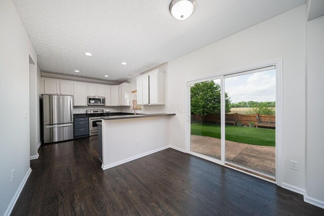 1019 Wallace Dr, Delaware, OH 43015 - kitchen with appliances with stainless steel finishes, a peninsula, white cabinets, baseboards, and dark wood finished floors