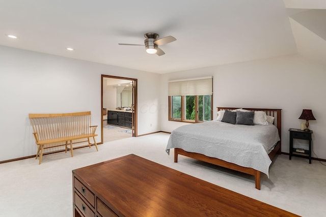 5754 N Loch Maree Ct N, Dublin, OH 43017 - bedroom featuring light colored carpet, baseboards, recessed lighting, a ceiling fan, and ensuite bathroom