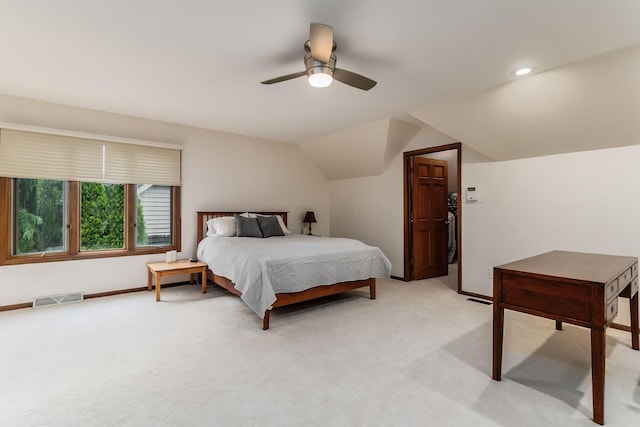 5754 N Loch Maree Ct N, Dublin, OH 43017 - bedroom featuring light colored carpet, vaulted ceiling, a ceiling fan, baseboards, and recessed lighting