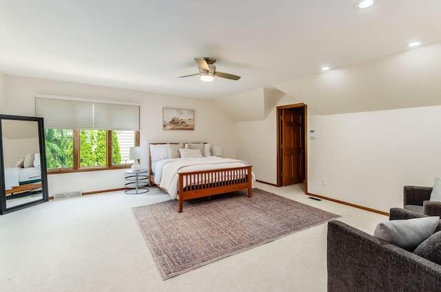 5754 N Loch Maree Ct N, Dublin, OH 43017 - bedroom with light colored carpet, recessed lighting, baseboards, ceiling fan, and vaulted ceiling