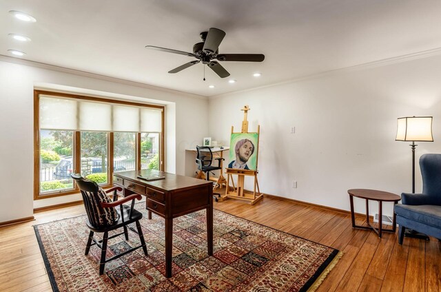 5754 N Loch Maree Ct N, Dublin, OH 43017 - office with crown molding, light wood-style flooring, baseboards, recessed lighting, and a ceiling fan