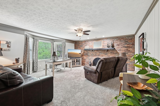 499 Wickham Way, Columbus, OH 43230 - living area featuring carpet, ceiling fan, a textured ceiling, and brick wall