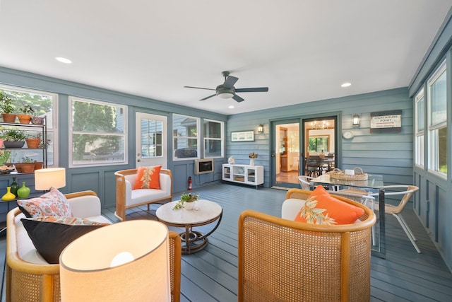 5657 Freeman Rd, Westerville, OH 43082 - sunroom / solarium featuring wood finished floors, ceiling fan, recessed lighting, a wooden deck, and outdoor dining space