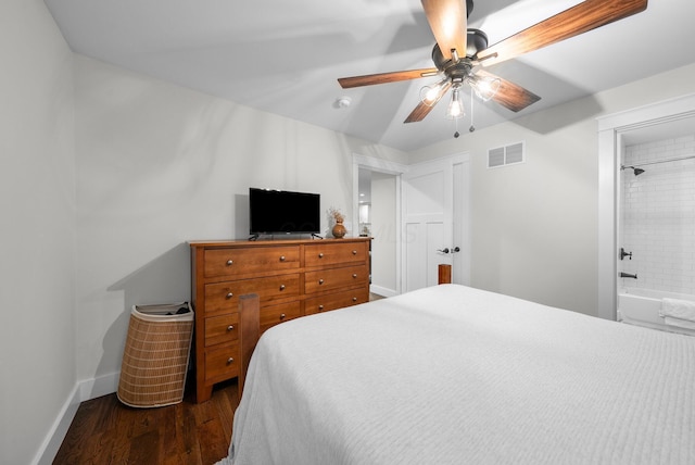 429 N Old State Rd, Delaware, OH 43015 - bedroom with dark wood finished floors, baseboards, ceiling fan, and ensuite bath