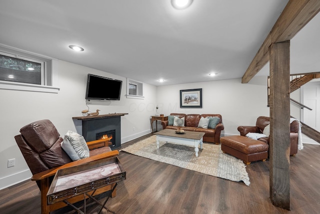 429 N Old State Rd, Delaware, OH 43015 - living room with a lit fireplace, wood finished floors, baseboards, and recessed lighting