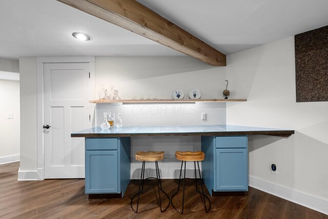 429 N Old State Rd, Delaware, OH 43015 - indoor dry bar featuring baseboards, dark wood-style flooring, built in study area, beam ceiling, and recessed lighting