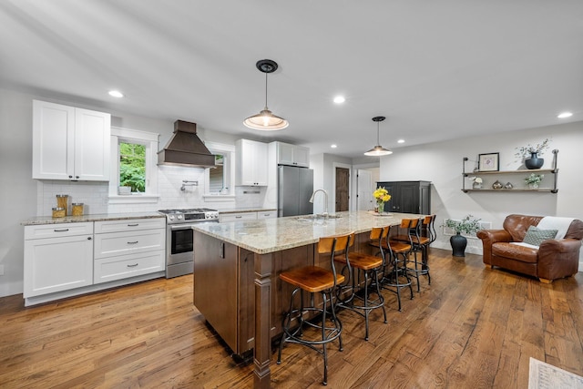 429 N Old State Rd, Delaware, OH 43015 - kitchen featuring appliances with stainless steel finishes, custom range hood, white cabinetry, tasteful backsplash, and light wood-style flooring