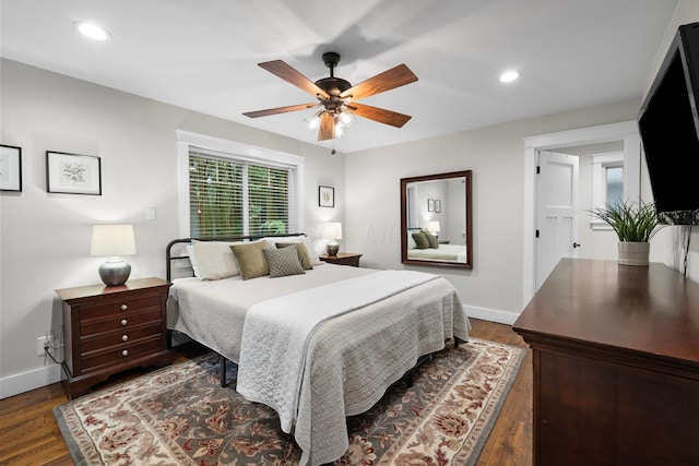 429 N Old State Rd, Delaware, OH 43015 - bedroom with baseboards, dark wood-style floors, ceiling fan, and recessed lighting