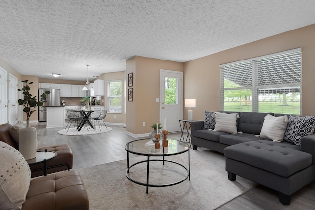 6289 Corley Dr, Dublin, OH 43016 - living room with light wood-style floors, baseboards, and a textured ceiling