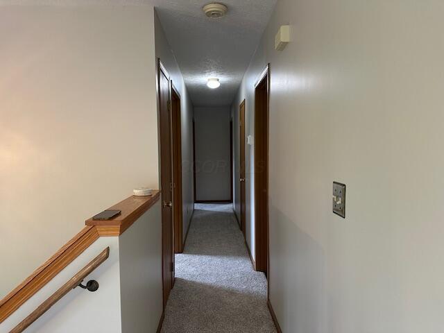 50 Stagecoach Rd, Chillicothe, OH 45601 - hallway with carpet floors, a textured ceiling, and an upstairs landing