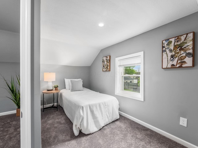 2767 Hiawatha St, Columbus, OH 43211 - bedroom featuring baseboards, carpet floors, lofted ceiling, and recessed lighting