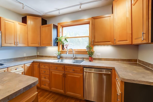 789 Chelsea Ave, Columbus, OH 43209 - kitchen with dishwasher, a sink, rail lighting, and dark wood-style flooring
