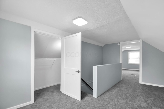 additional living space featuring carpet, lofted ceiling, a textured ceiling, and baseboards