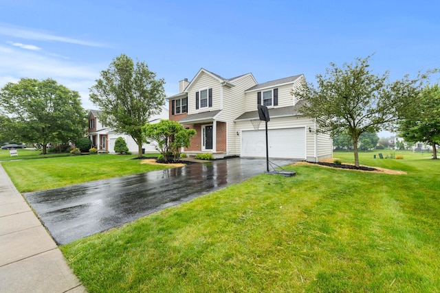 1608 Geranium Dr, Lewis Center, OH 43035 - traditional-style house featuring asphalt driveway, a garage, a chimney, and a front yard