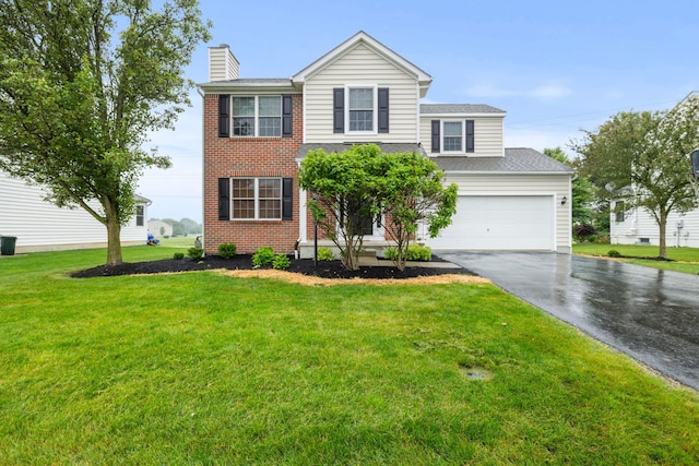 1608 Geranium Dr, Lewis Center, OH 43035 - view of front of property with asphalt driveway, a chimney, a front lawn, a shingled roof, and a garage