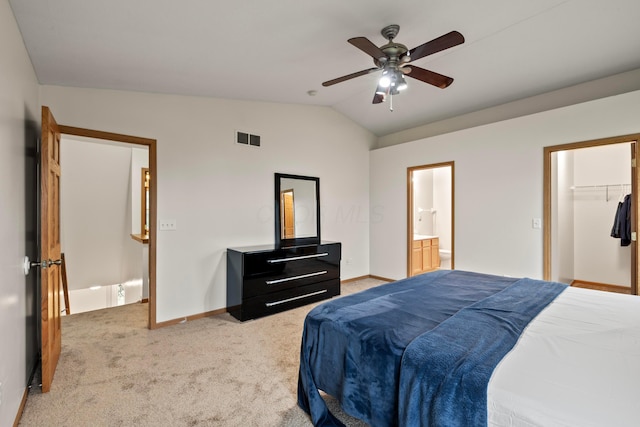 1608 Geranium Dr, Lewis Center, OH 43035 - bedroom featuring baseboards, vaulted ceiling, light carpet, ensuite bathroom, and a ceiling fan