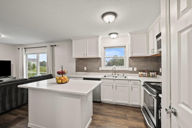 1608 Geranium Dr, Lewis Center, OH 43035 - kitchen featuring a sink, appliances with stainless steel finishes, open floor plan, dark wood-style floors, and a textured ceiling