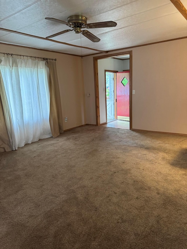 carpeted empty room featuring ceiling fan and a textured ceiling