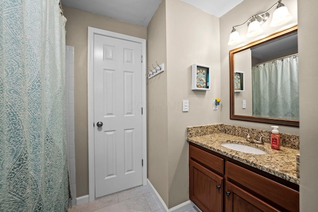 full bathroom featuring baseboards, vanity, tile patterned floors, and a shower with curtain
