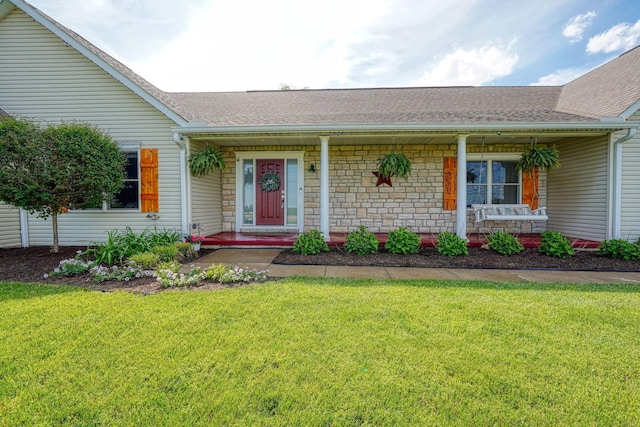 1899 Lamb Rd NW, Carroll, OH 43112 - ranch-style home featuring covered porch, roof with shingles, and a front yard